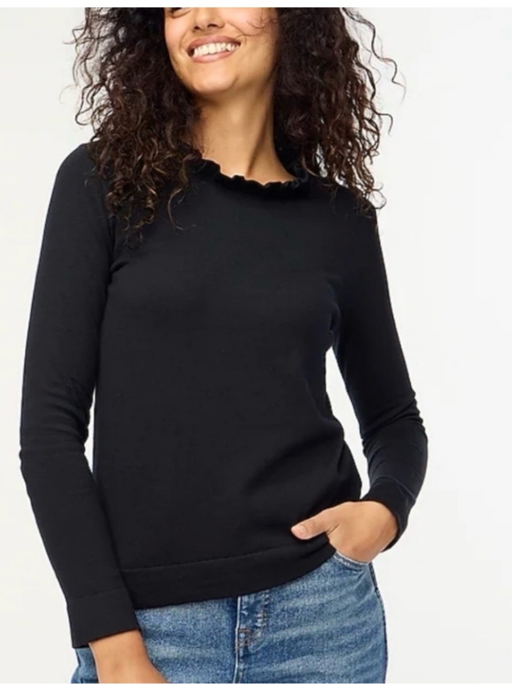NWT J. Crew  Ruffled Neck Preppy Office Crewneck Sweater Black XL
